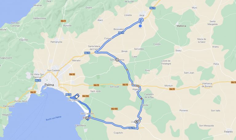 Karte mit Strecke des ersten Tages - Palma de Mallorca nach Inca